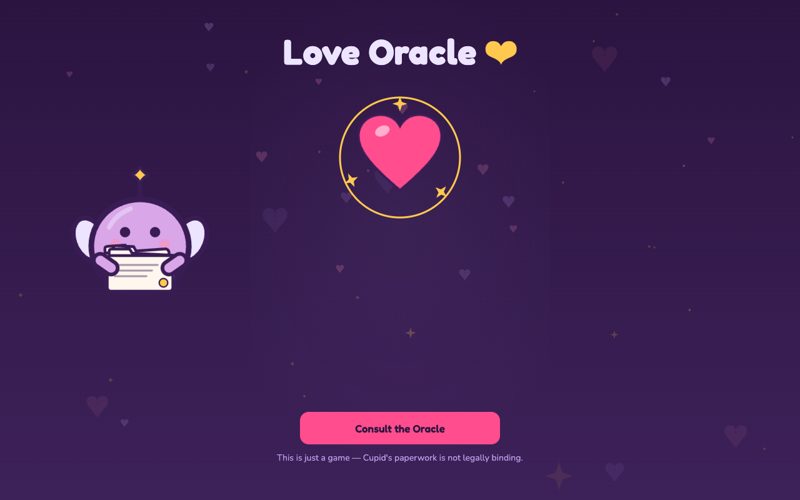 Love Oracle start screen with Pip the clerk